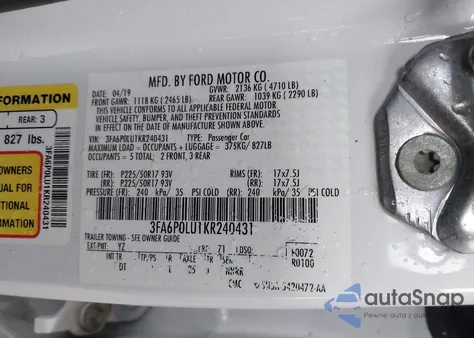 2019 Ford Fusion Hybrid Se из США, поврежденный, VIN 3FA6P0LU1KR240431
